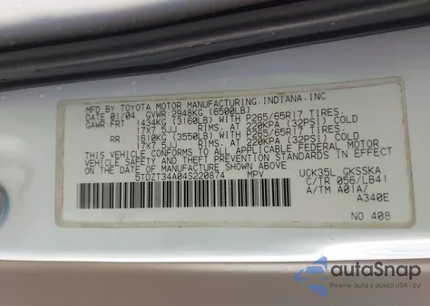 2004 Toyota Sequoia Sr5 V8 z USA, uszkodzony, nr VIN 5TDZT34A04S220874